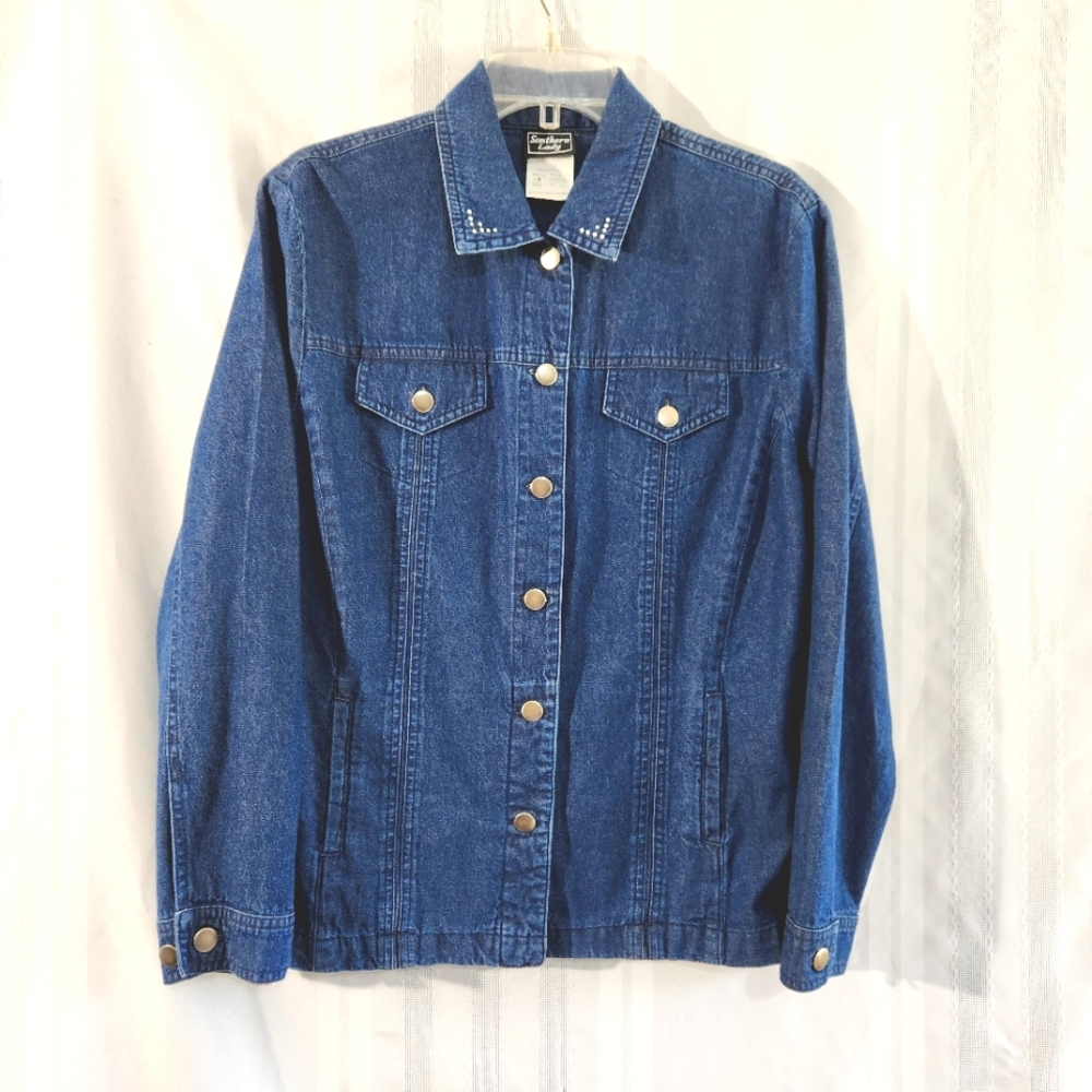 SOUTHERN LADY  DENIM BLUE JEAN JACKET WITH FRAYED HEM & ARROW DESIGN SIZE 10